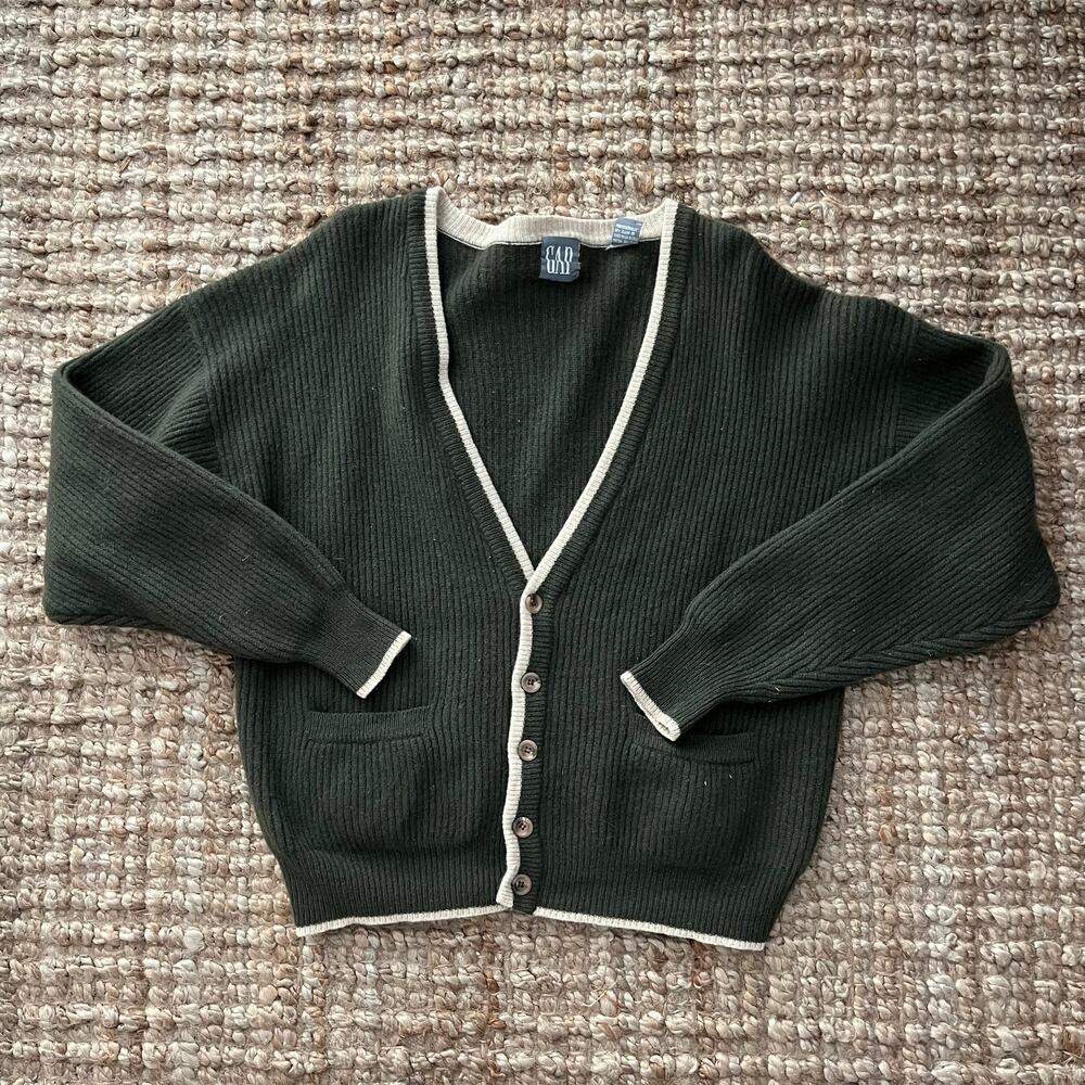 Vintage GAP 100% Lambswool Cardigan Olive Green Cream Trim XL 90s Ribbed grandpa